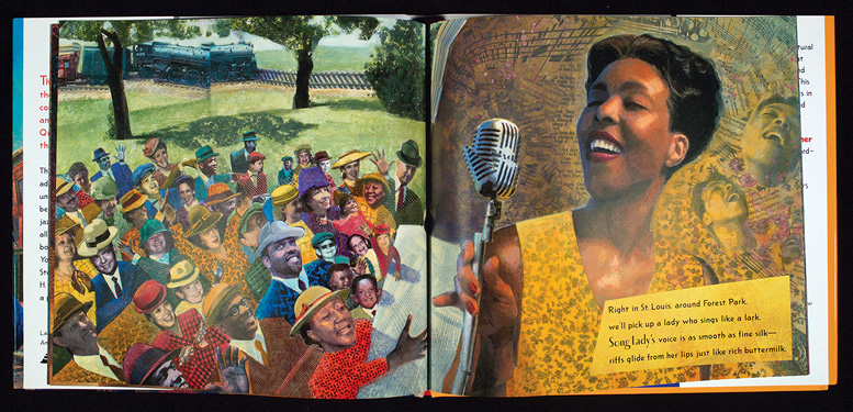 Book spread: “Song Lady’s voice is as smooth as fine silk—” H. L. Panahi, Bebop Express (New York: HarperCollins, 2005), n.p. Used with permission of HarperCollins Publishers.