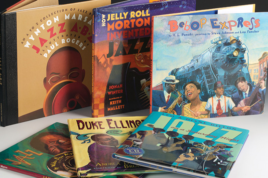 Display of several children's books about jazz