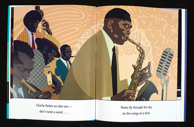 Book spread: “Charlie Parker on alto sax— / don’t need a word. . . . / Notes fly through the sky / on the wings of a bird.” Leo and Diane Dillon, Jazz on a Saturday Night (New York: Blue Sky, 2007), n.p. Photo used with permission of Blue Sky/Scholastic.