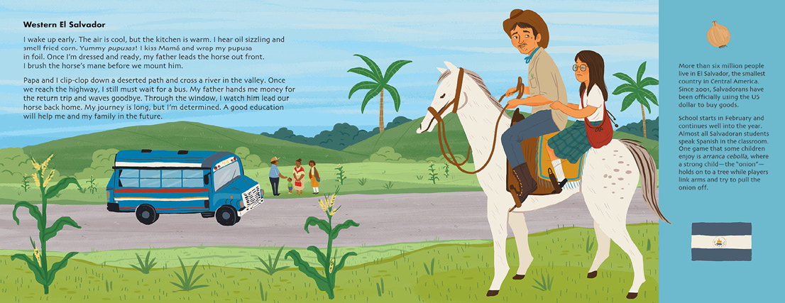 Spread about El Salvador from the upcoming Adventures to School by Baptiste and Miranda Paul.