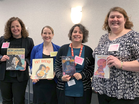 Left to right: CCPL Book Talkers Megan Barrett (children’s librarian), Kyra Nay (children’s librarian), Julie Zukauckas (teen librarian), and Maria Trivisonno (children’s librarian).