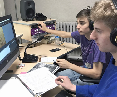 Sam and Isaac (top photo) monitor a recording and Piper (bottom photo) records an audiobook in the recording studio.