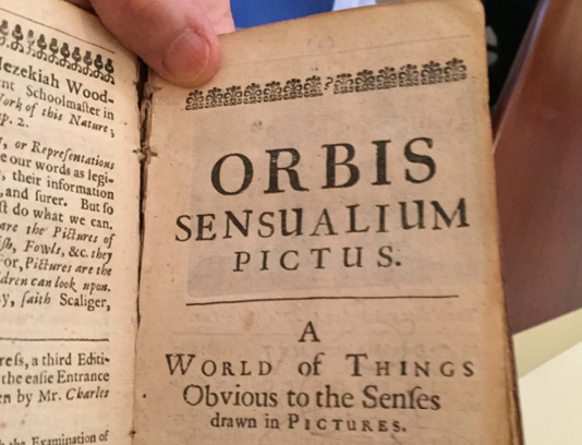 Title page of <em>Orbis Sensualium Pictus: A World of Things Obvious to the Senses: Drawn in Pictures</em> by Johann Amos Comenius, translated by Charles Hoole [London, 1658).