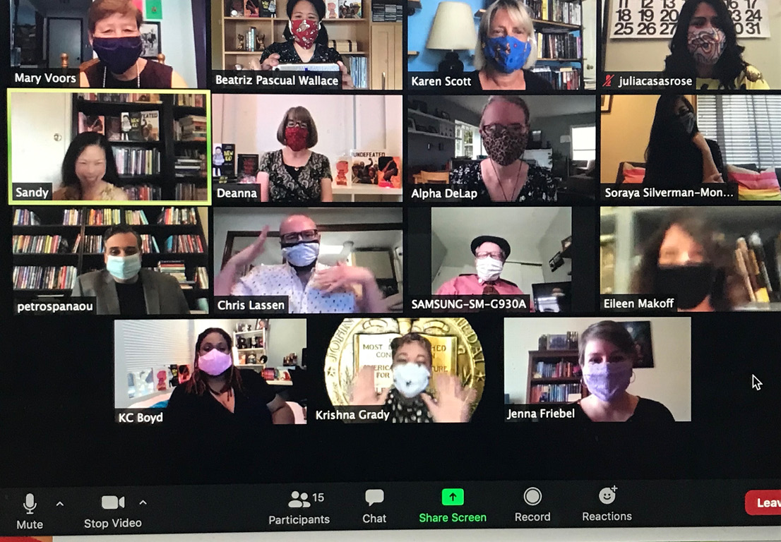 The awards committees went virtual in 2020 due to the COVID-19 pandemic. Pictured is 2020 Newbery chair Krishna Grady (bottom, center) and her committee presenting the Newbery Medal via Zoom.