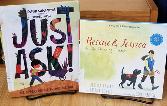 There is an increasing number of picture books that illustrate inclusion. Pictured: Just Ask! by Sonia Sotomayor and Rescue & Jessica: A Life-Changing Friendship by Jessica Kensky and Patrick Downes.