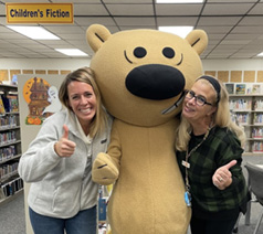 ZOOM! Miss Sharon, right, and Valley View Elementary Teacher Ann Brennenstuhl collaborated on a library/school family night that brought about 100 attendees to the Brown County (WI) Library. Special storytime guest was Zoom Squirrel from the beloved Mo Willems’ Unlimited Squirrels books. 