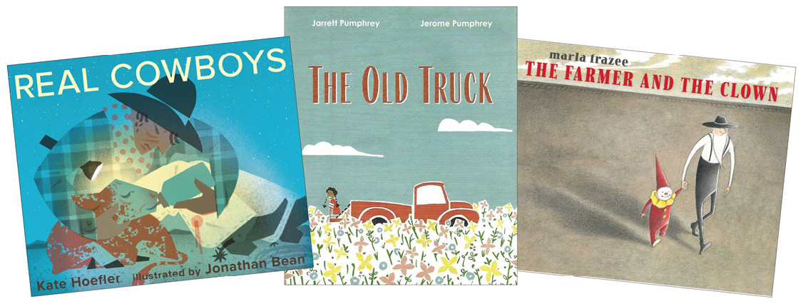 Book covers: Real Cowboys, The Old Truck, and The Farmer and the Clown
