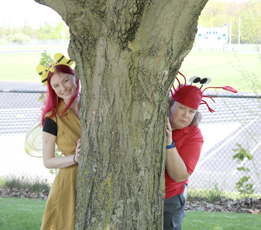 Bailey Bee and the Crabby Librarian hiding behind a tree