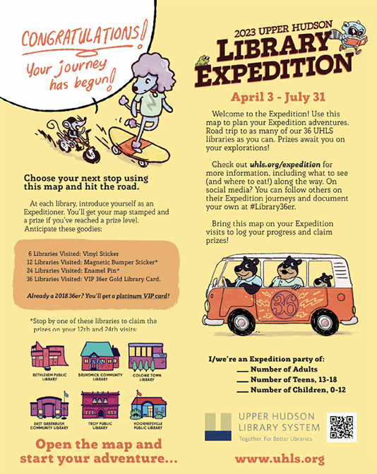 Promotional poster for the 2023 Upper Hudson Library Expedition, April 3 - July 31.