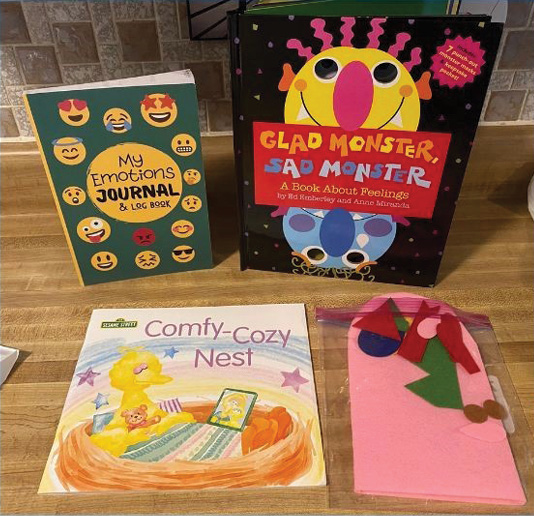 Three books displayed: My Emotions Journal & Log Book; Glad Monster, Sad Monster: A Book About Feelings; and Comfy-Cozy Nest.
