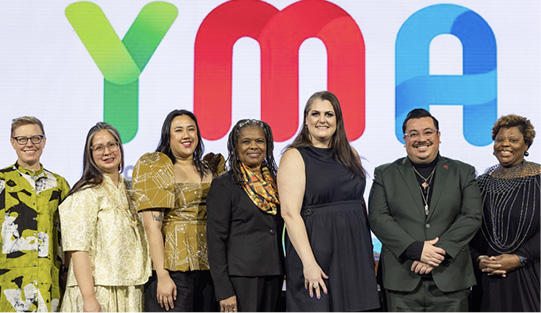 The 2024 YMA presenters, representing ALA, American Indian Library Association, Asian/Pacific American Librarians Association, Association of Jewish Libraries (rep not pictured here), Coretta Scott King Book Awards Round Table, Young Adult Library Services Association, REFORMA, and ALSC (our President Dr. Jonda C. McNair at far right!) did a wonderful job!