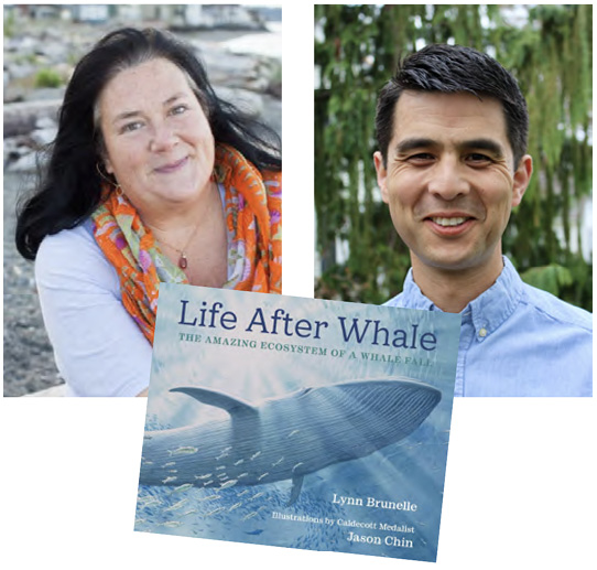 Headshots of Terrell Young and Barbara Ward behind the cover image of their book Life After Whale