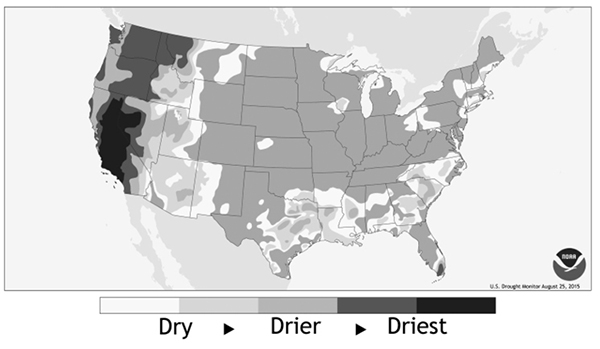 Drought map of the United States for May 3, 2016.