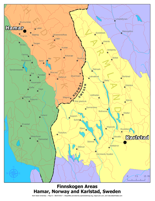 Figure 1. Finnskogen Areas: Hamar, Norway, and Karlstad, Sweden