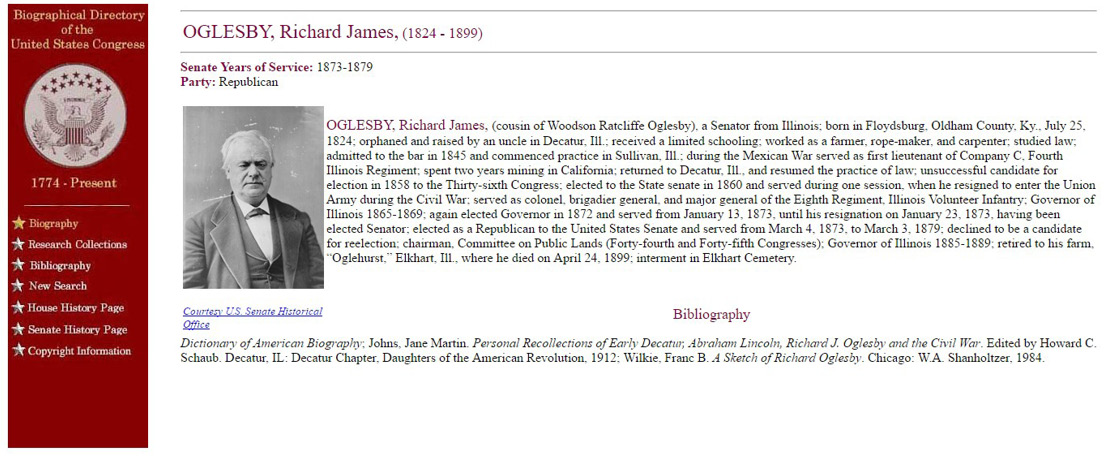 Biographical Directory of the United States Congress listing for Richard James Oglesby