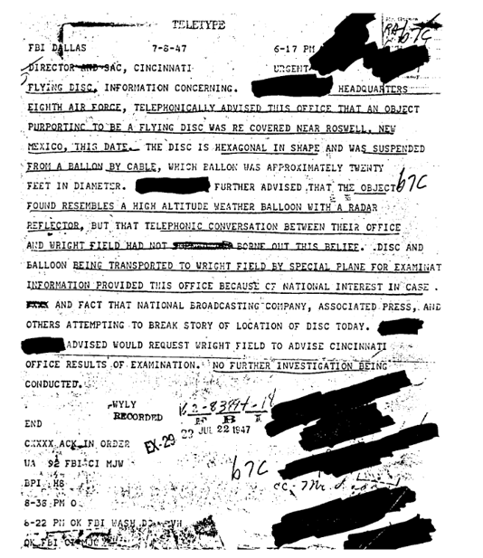Figure 1. Teletype report of UFO in Roswell, New Mexico