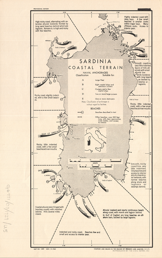 Image 1. Research and Analysis Branch. Sardinia: Costal Terrain. Scale 1:1,300.000. Washington, D.C. Office of Strategic Services, 1942.