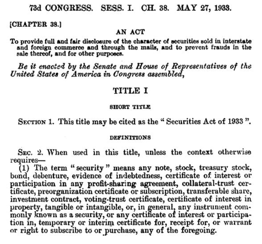 Figure 1. Securities Act of 1933, P.L. No. 73-22, § 48 Stat. 74 (1933)