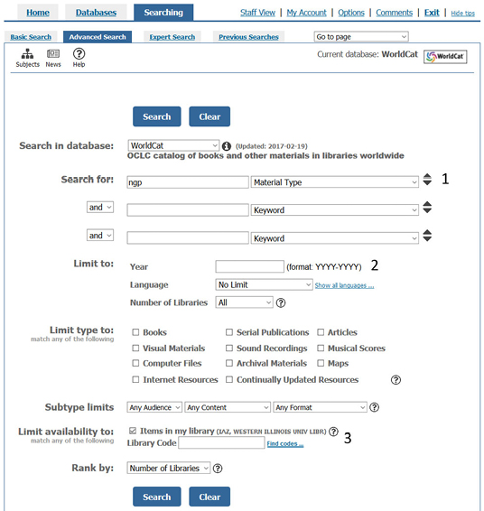 Figure 1. Illustration showing a search for federal government publications in WorldCat advanced search. 1. Enter “ngp” in the Search for: box and use the pull-down to specify Material Type. 2. Enter date if needed. 3. Check the Items in my library box.
