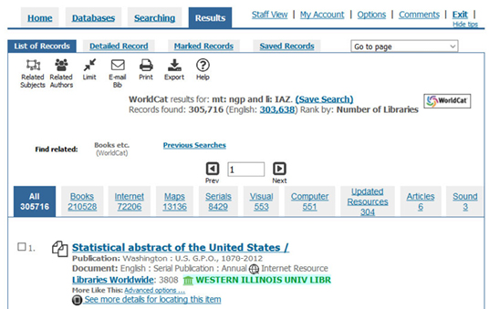 Figure 2. Image of the results of the advanced search in WorldCat for federal government publications in a library shown in figure 1.