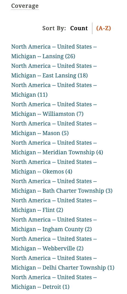 Figure 4. Geographic headings used to allow for more precise faceting by location