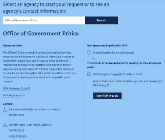 Figure 1. Screen capture of starting an FOIA request for the Office of Government Ethics on FOIA.gov
