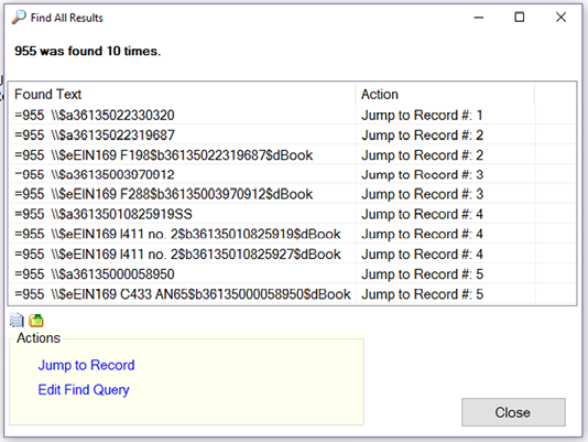 Image 4. Example of MarcEdit find results of 955 fields.