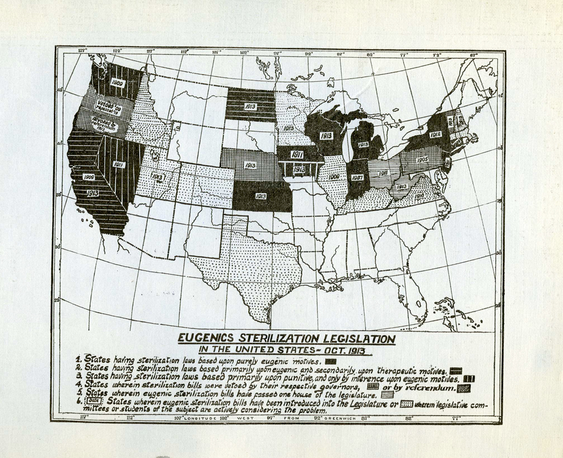 Figure 1. Map of eugenic sterilization laws by state. Source: Harry Hamilton Laughlin, “Map of Eugenic Sterilization Laws by State,” OnView: Digital Collections & Exhibits Center for the History of Medicine at Countway Library, accessed April 25, 2022, https://collections.countway.harvard.edu/onview
/items/show/6230.