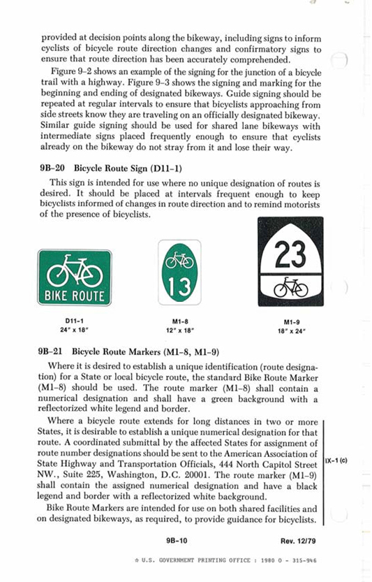 Image 1. The original black-and-white design for the interstate bicycle route marker, M1-9, was published in the December 1979 revision of the Federal Highway Administration’s Manual on Uniform Traffic Control Devices for Streets and Highways, Sixth Edition. Formal adoption of a new green-and-white design is among the proposed amendments to the MUTCD as published in the Federal Register on December 14, 2020. The upcoming 11th Edition will also shift information about the sign and its uses into three new sections of the manual focused on bicycle facilities, including “Section 9D.07 U.S. Bicycle Route Sign (M1-9).”