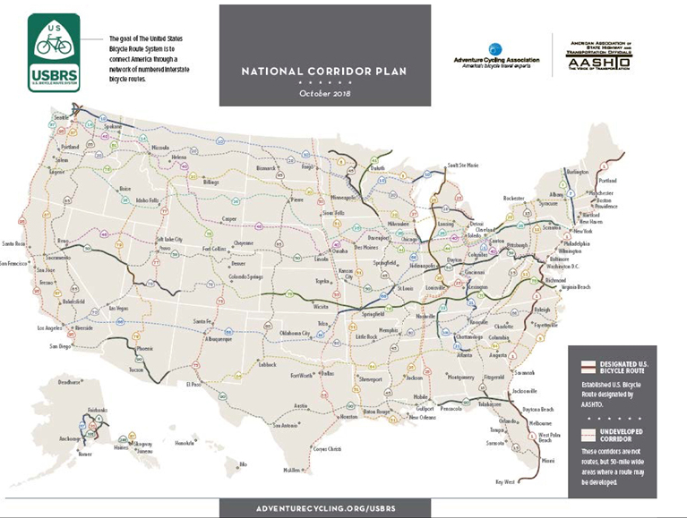 Image 2. A map of the U.S. Bicycle Route System National Corridor Plan dated October 2018 was published in Designating Scenic Bikeways: A Framework for Rural Road Owners, FHWA Publication No. 19-004. (The latest version, available on the Adventure Cycling Association website, shows the 18,534 miles of routes designated as of June 2022.) 