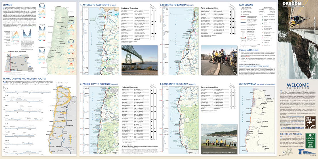 Image 3. The Oregon Coast Bicycle Route Map published by the state of Oregon, containing such details as prevailing winds, traffic patterns, elevation changes, lodging tips, and inset maps with notable landmarks, is unmistakably designed for the long-distance cyclists who travel the route. 
