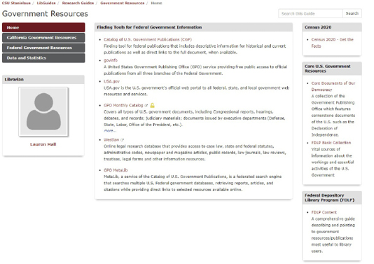 Figure 1: This image depicts the homepage of the CSU Stanislaus Library’s Government Resources Guide in July 2022, prior to the redesign of the guide. 