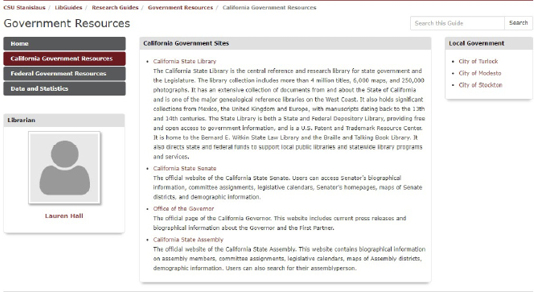 Figure 2: This image depicts the California Government Resources page in July 2022, prior to the redesign of the guide. As depicted, it links to minimal government resources. 