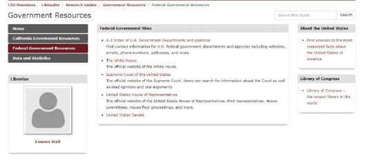 Figure 3: This image depicts the Federal Government Resources page in July 2022, prior to the redesign of the guide. As demonstrated, it links to minimal government resources. 