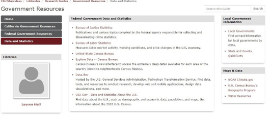 Figure 4: This image depicts the Data and Statistics page in July 2022, prior to the change in navigation of the guide. As shown, the navigation does not give a clue as to whether it is federal or State of California data resources unless clicked on by the user.