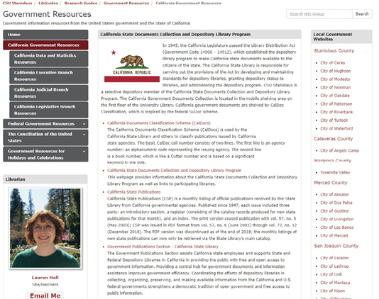 Figure 5: This image depicts the new navigation menu for the California section of the Government Resources guide. The guide now features a California Government Resources landing page with subpages for data and statistics, the executive branch, the judicial branch, and the legislative branch. 