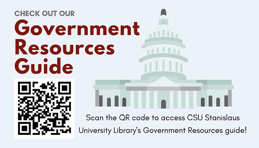 Figure 9: This graphic depicts the business card used to promote the Government Resources guide. The QR code is used so students can use a mobile device to link to the guide. 