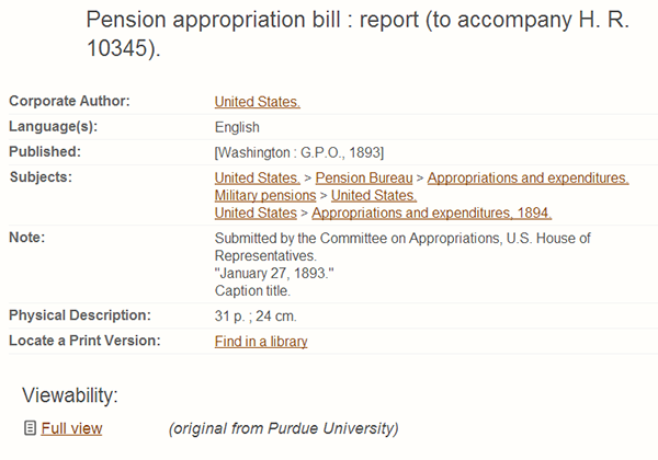 Example HathiTrust Record: Pension appropriation bill : report (to accompany H. R. 10345).