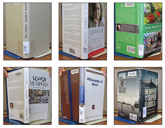Figure 1. First row, left to right: Plain cloth cover; dust jacket; paper-over-boards (the material covering the boards wraps around the edges and is glued under endpapers). Second row, left to right: paperbacks with publisher-supplied information; paperback with plain cover; Vinabind (the material covering the boards is applied only to the outer surface of the boards; the white edges show the boards underneath the cover.