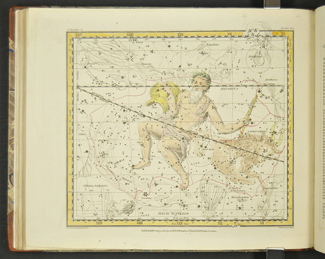 Figure 1. Example of a star chart from the Alexander Jamieson’s atlas which highlights Aquarius and Capricornus constellations. Source: Alexander Jamieson, “Plate 21. Capricornus, Aquarius, Globus Aerostaticus, Pisces Austrinus, Microscopium, Corona Australis,” in A Celestial Atlas: Comprising a Systematic Display of the Heavens in a Series of Thirty Maps : Illustrated by Scientific Description of Their Contents and Accompanied by Catalogues of the Stars and Astronomical Exer cises (London: G. & W. B. Whittaker Ave Maria Lane, T. Cadell, Strand, and N. Hailes, Museum Piccadilly, 1822), accessed January 28, 2015, http://lhldigital.lindahall.org/cdm/compoundobject/collection/astro_atlas/id/2097.