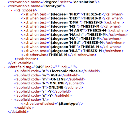 XSLT Coding for Setting Item Type Based on Degree Type