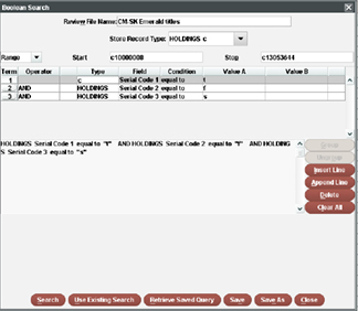 Example of a query across single serial code fields to produce a list of titles from a  single publisher