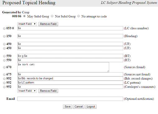 Topical Subject Heading Proposal Form in Classification Web