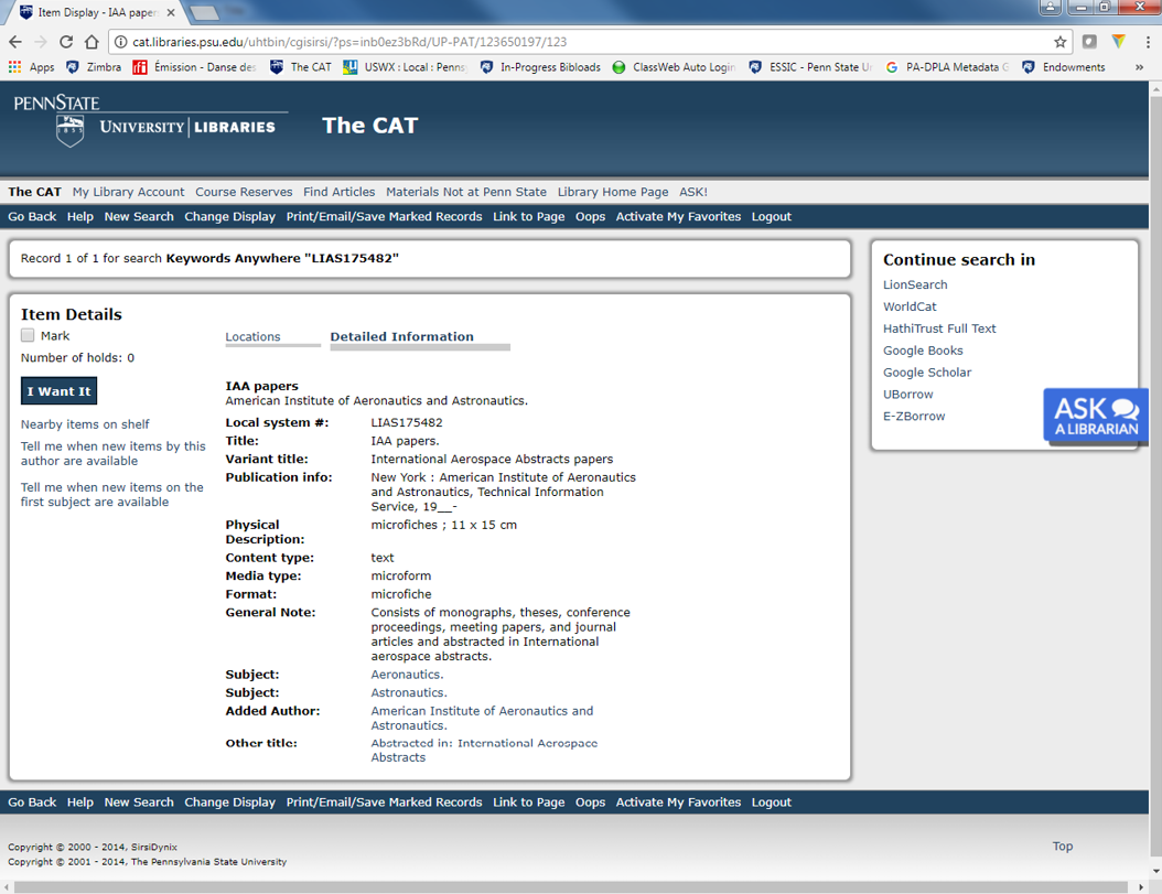 Local Collection-Level Cataloging Record of IAA Papers