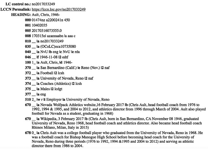 Figure 1. LC Name Authority Record Created for Chris Ault