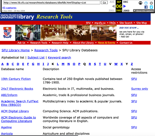 SFU Library Databases also known as the DB of DBs on September 6, 2002