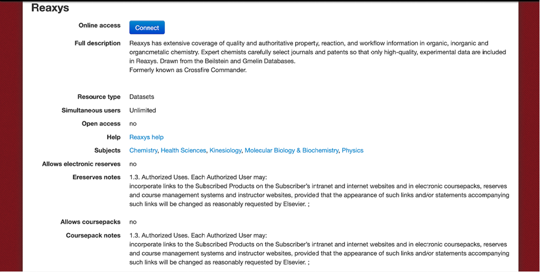 Reaxys database full record from CRDB displaying additional CUFTS ERM fields