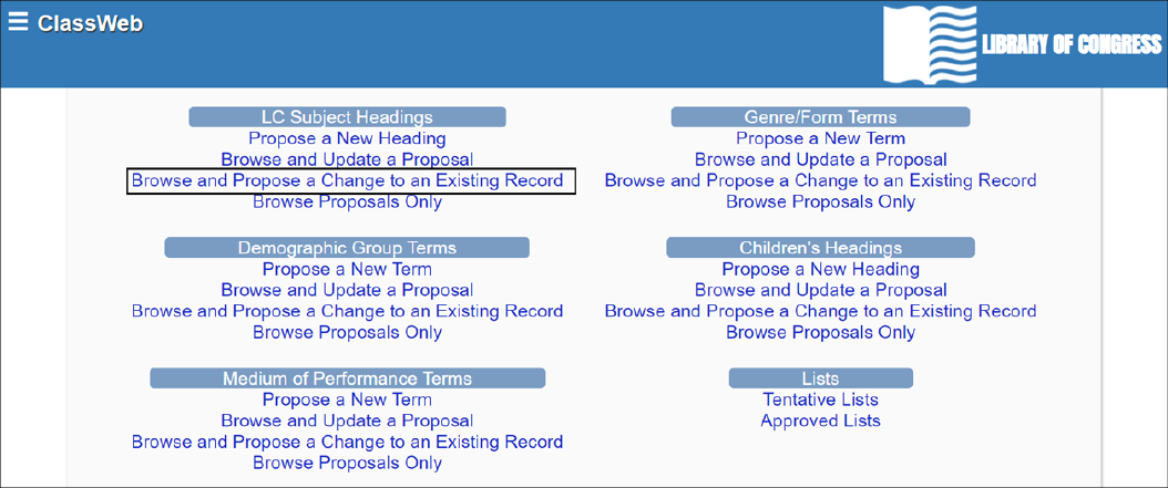 Subject Heading Proposal System Menu in Classification Web