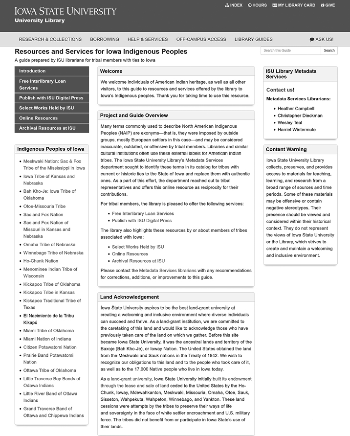 Landing page of the “Resources and Services for Iowa Indigenous Peoples” LibGuide