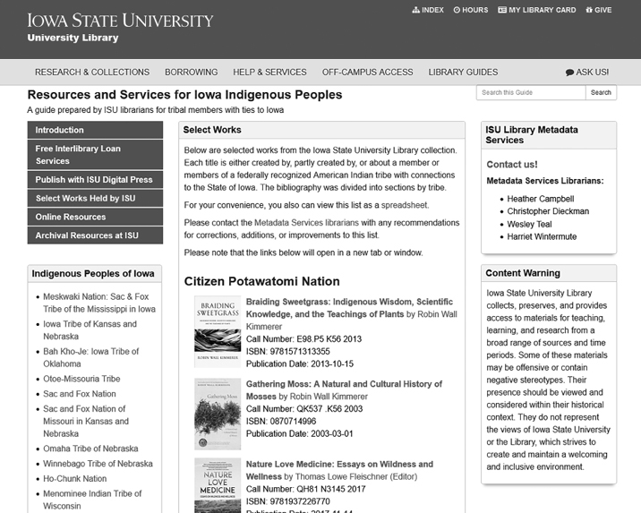 Partial view of the “Select Works held by ISU” page in the “Resources and Services for Iowa Indigenous Peoples” LibGuide